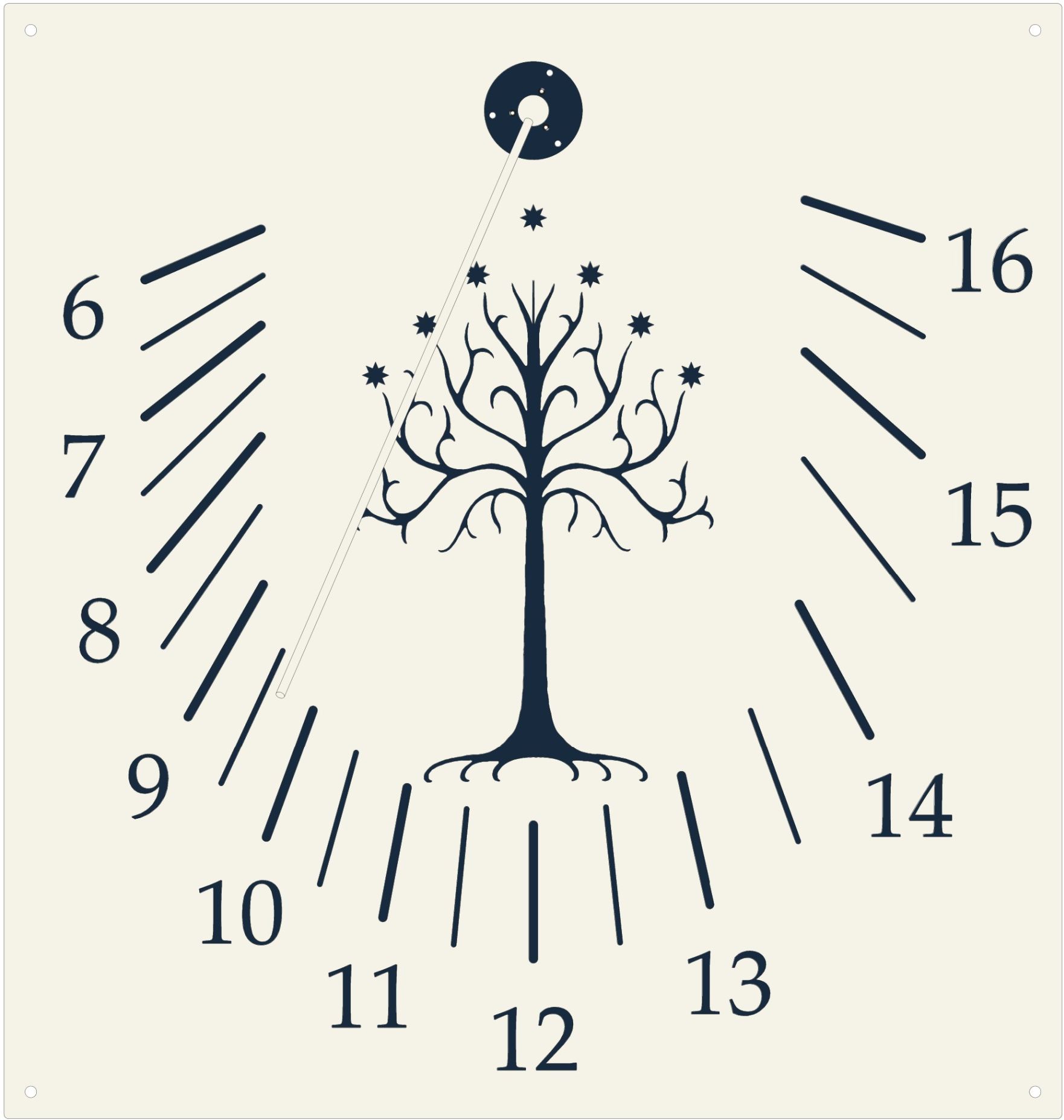 Vertikale Sonnenuhr mit Gondor-Motiv – Weißer Baum und sieben Sterne