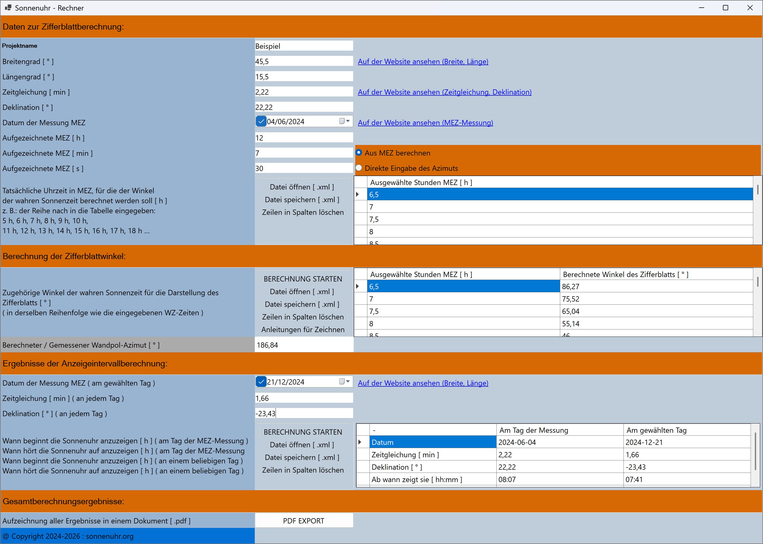 Programm zur Berechnung der Sonnenuhr